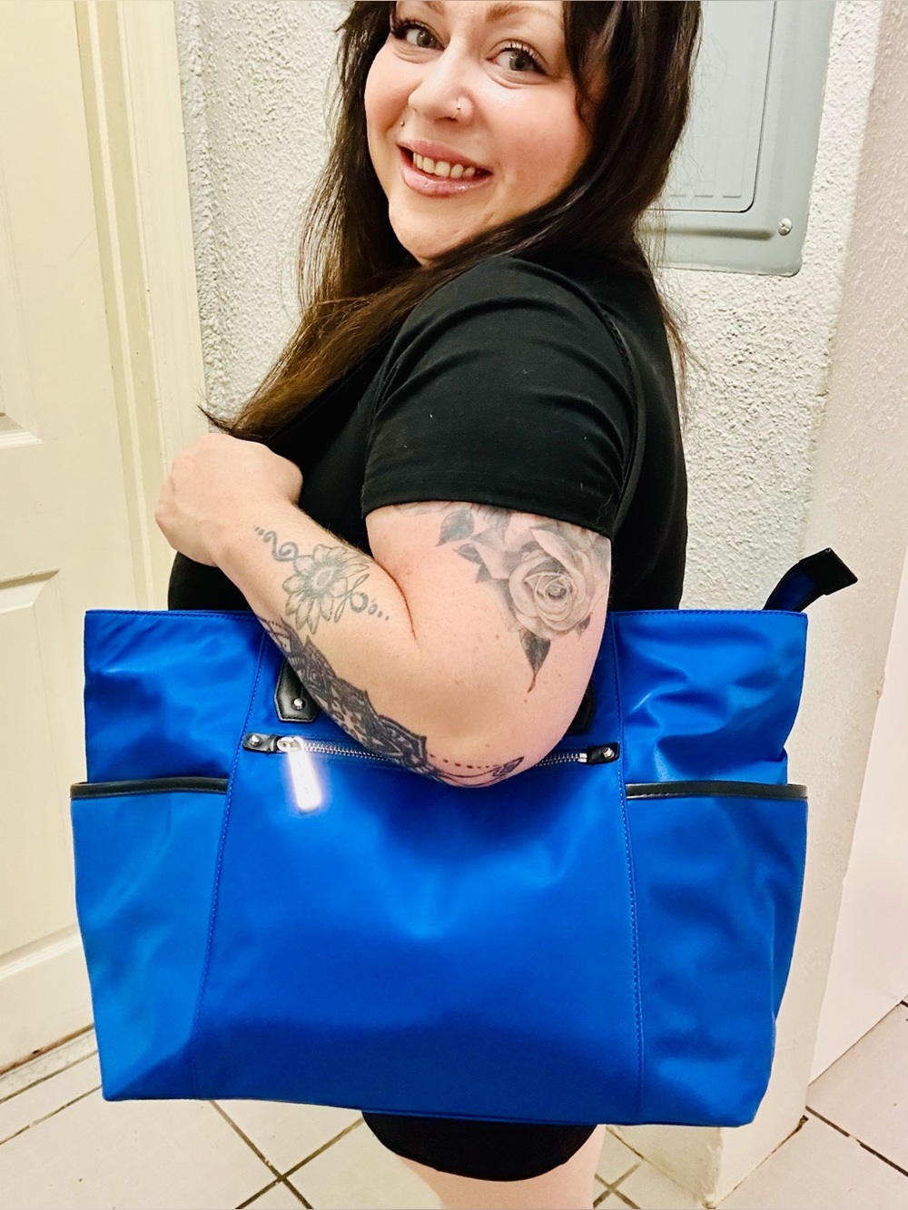 Michael Kors Jet Set Travel Blue Nylon Tote Bag Large Zip Top Shoulder Bag